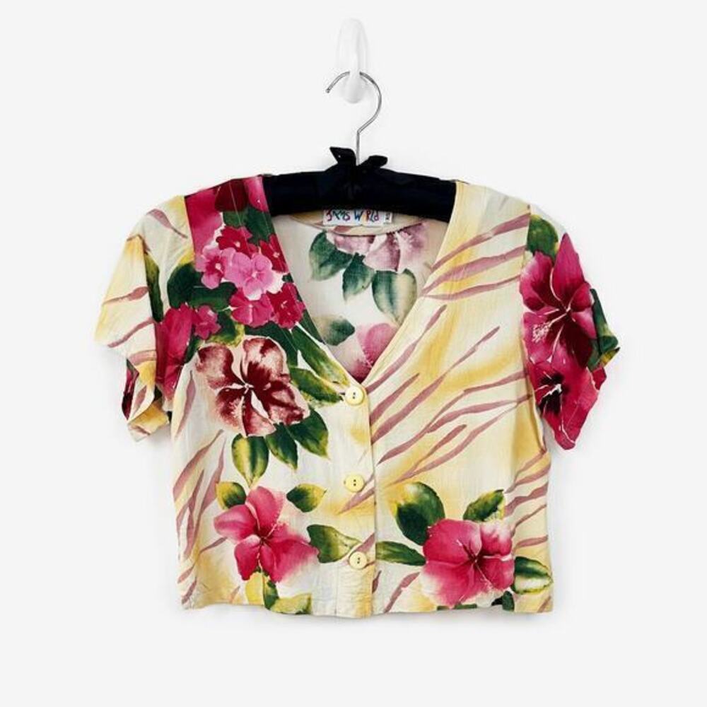 Jams World Floral Top Size XS Yellow Button Front Tropical Hibiscus Hawaiian